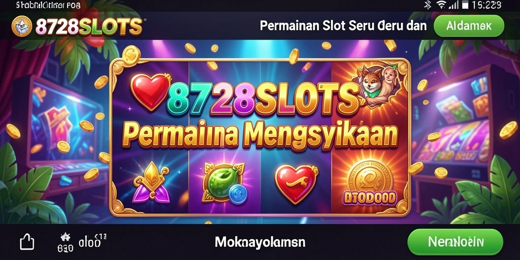 Tampilan gameplay seru dari 8728SLOTS dengan simbol dan animasi warna-warni.