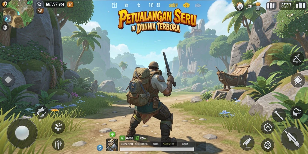Screenshot gameplay MT777 menunjukkan petualangan di dunia terbuka yang luas.