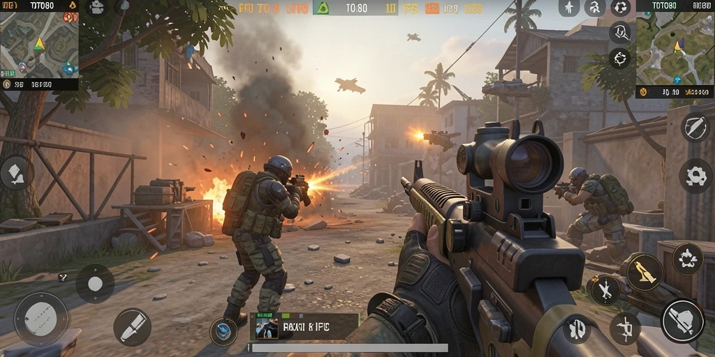 Tampilan penuh aksi gameplay TOTO80 dalam pertempuran FPS.