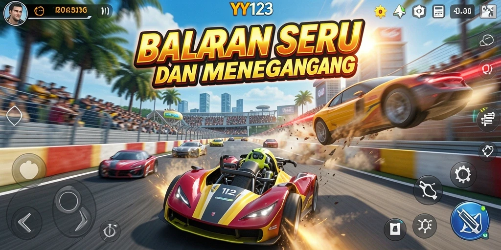Screenshot gameplay YY123 menampilkan adrenalin balapan yang mendebarkan.